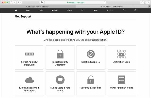 Apple Support-Website mit Option für deaktivierte Apple-ID