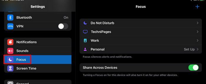 Nastavení Focus iPad OS 15