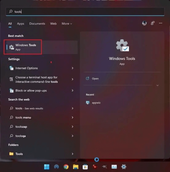 Zoek in Windows Tools in Windows 11 zoeken