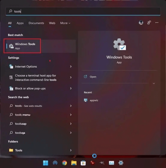 მოძებნეთ Windows ინსტრუმენტები Windows 11 ძიებაში