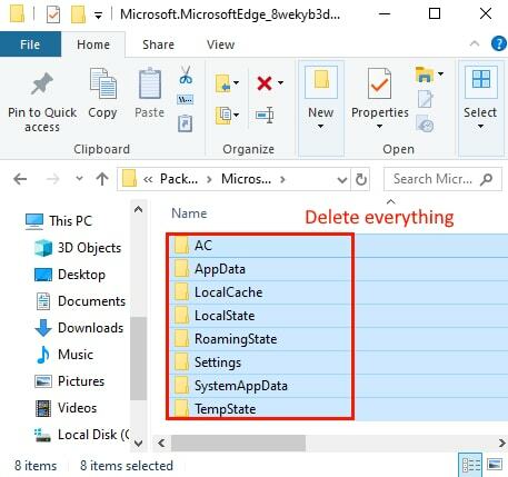 माइक्रोसॉफ्ट एज पैकेज फोल्डर से सब कुछ हटा दें