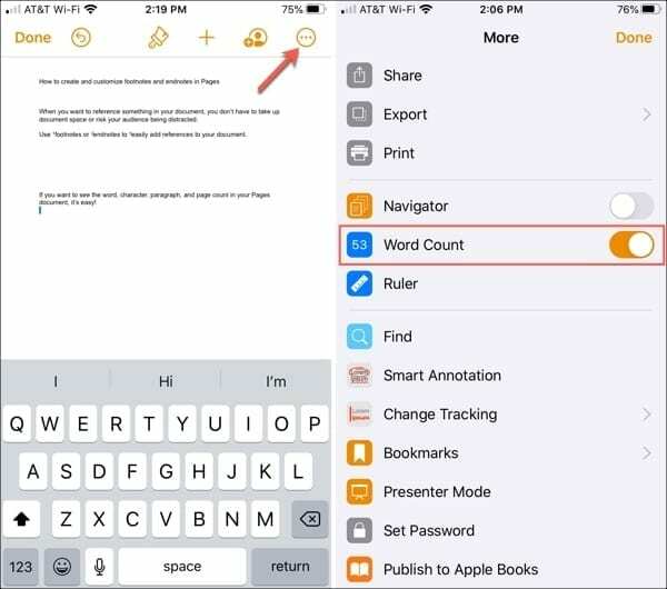 पेज वर्ड काउंट-आईफोन सक्षम करें