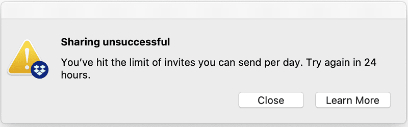 Je hebt het maximum aantal shares voor dropbox van 24 uur bereikt