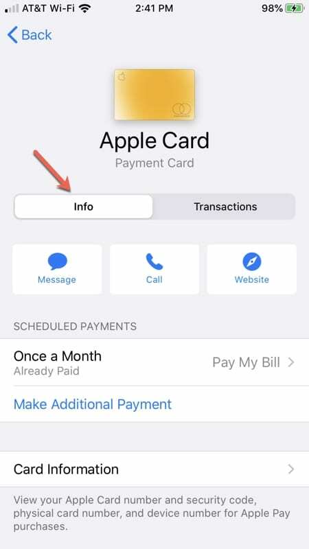 Apple Card v nastavitvah