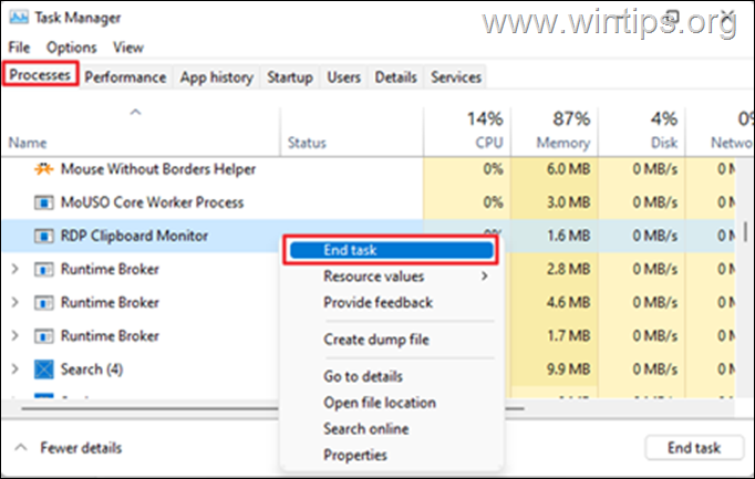 Terminer le processus RDP Clipboard Monitor