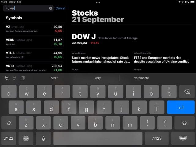 צילום מסך המציג את אפליקציית המניות ב-iOS