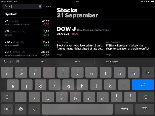 Capture d'écran montrant l'application Stocks sur iPad