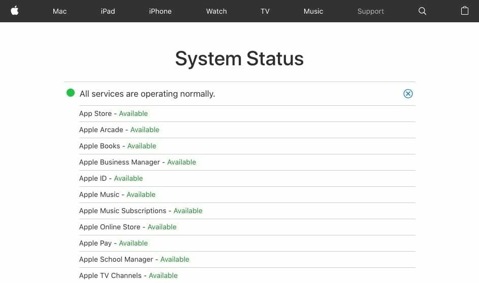 Apple Arcade sistēmas statuss problēmu gadījumā