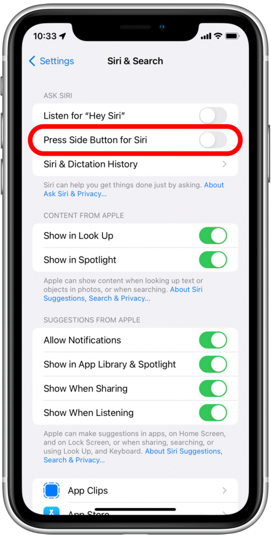 Увімкніть «Натисніть бічну кнопку», щоб Siri знову увімкнути