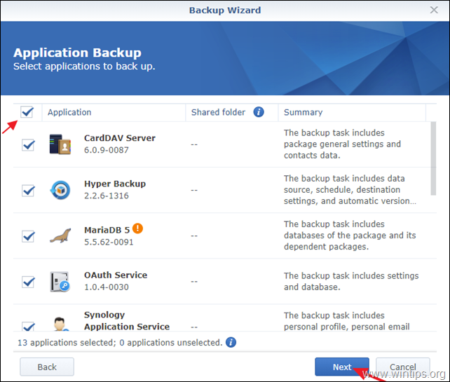 Backup delle applicazioni Synology