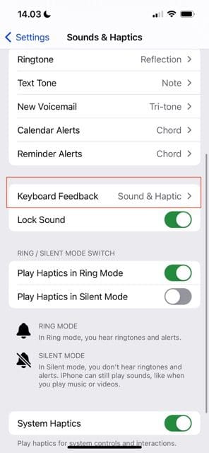Skærmbillede, der viser, hvordan du slår haptiske lyde fra på iOS via fanen tastaturfeedback