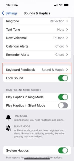 Capture d'écran montrant comment désactiver les sons haptiques sur iOS via l'onglet de rétroaction du clavier