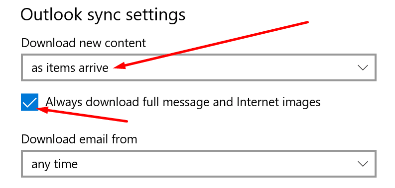 configuración de sincronización de Outlook