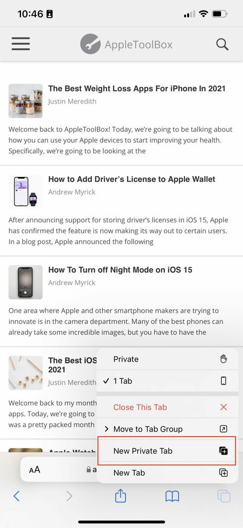 Käytä yksityistä selaustilaa iOS 15:ssä, menetelmässä 1–2