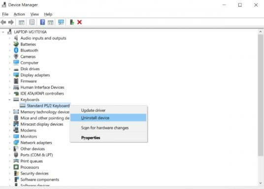 Klicka höger på Standard PS-2-tangentbord och välj Avinstallera från rullgardinsmenyn