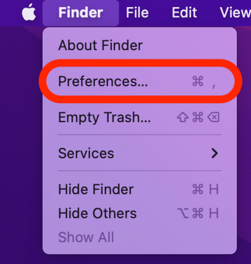 clique em preferências para editar as opções do mac finder quando o iphone não se conectar ao mac
