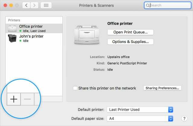 Imprimante și scanere Preferințe de sistem butoanele de adăugare și minus