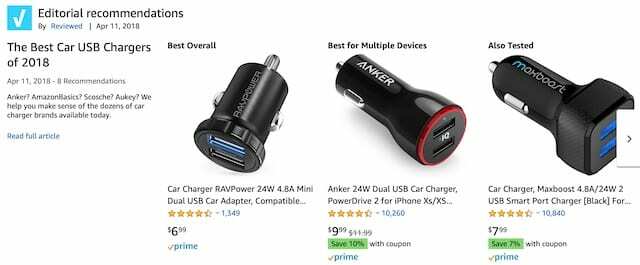 Вибір автомобільних зарядних пристроїв на Amazon.