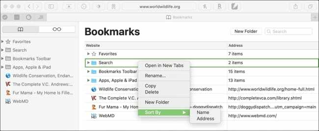 Sortați marcajele Safari Mac