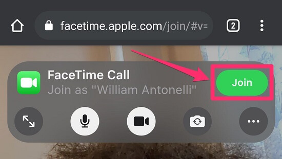 Бутон за присъединяване за разговор във Facetime