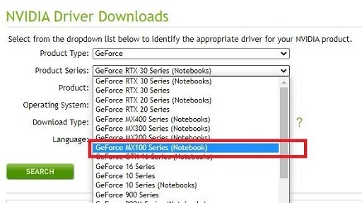 Выберите серию продуктов как GeForce MX100 Series (Notebook)