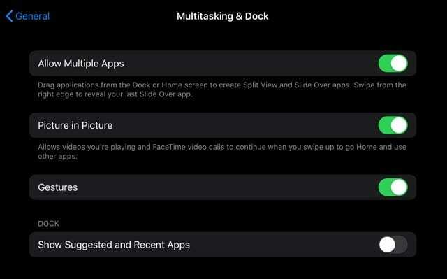 Impostazioni iPadOS per multitasking e dock