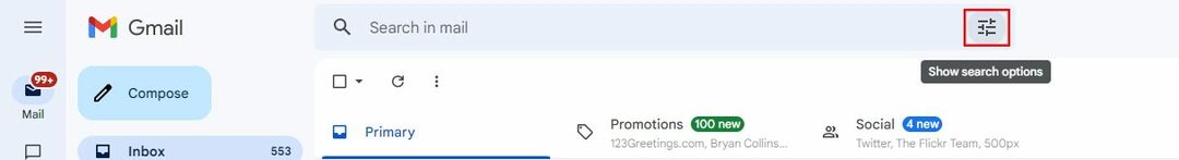 აირჩიეთ ძიების პარამეტრების ჩვენება Gmail-ის საძიებო ზოლში