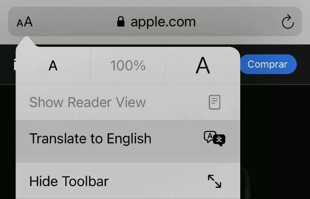 Oversæt til engelsk mulighed i Safari på iOS 14