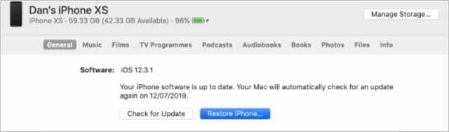 Az iPhone visszaállítása gomb a Finderben a macOS Catalina rendszerben