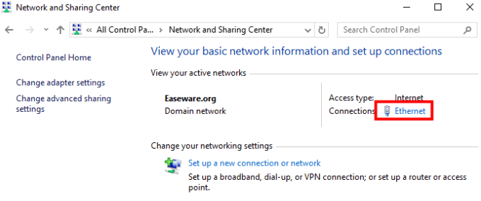 Nätverks- och delningscenter - Klicka på Ethernet