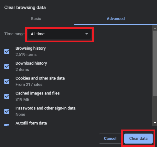 हर समय, और Clear Browsing Data पर क्लिक करें