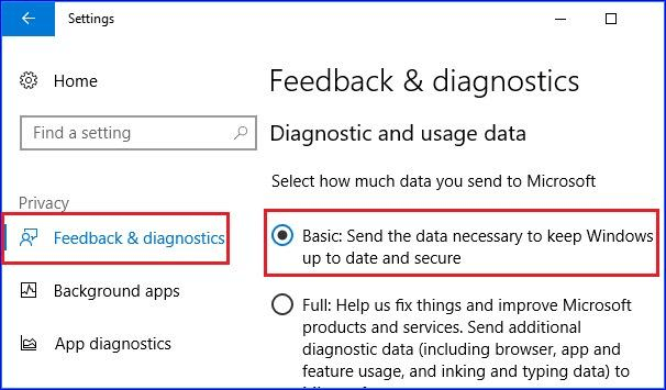 Diagnostikos ir naudojimo duomenų nustatymus nustatykite į pagrindinius