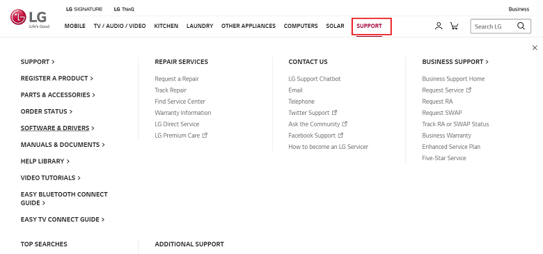 आधिकारिक एलजी समर्थन पृष्ठ से सॉफ्टवेयर और ड्राइवर विकल्प