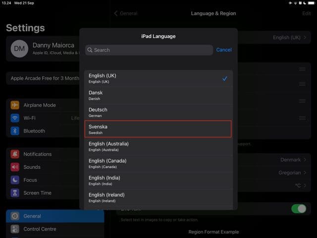 captura de pantalla que muestra cómo cambiar el idioma a través de un cuadro en ipad