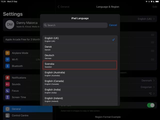 skjermbilde som viser hvordan du endrer språk via en boks på ipad