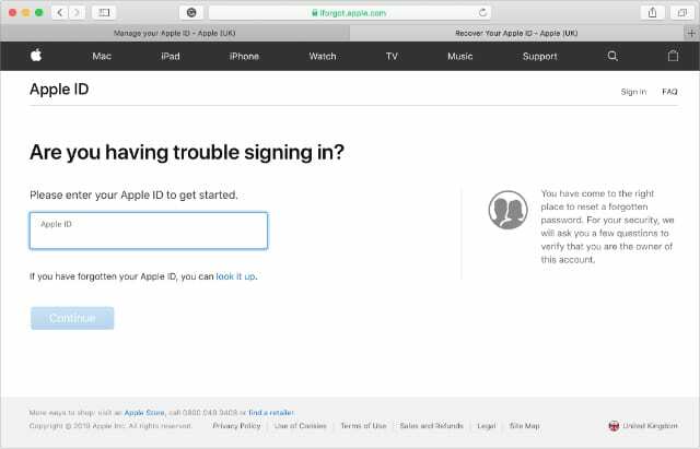 Apple iForgot-Website, die nach dem Benutzernamen für die Apple-ID fragt