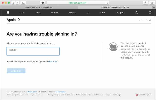 เว็บไซต์ Apple iForgot ขอชื่อผู้ใช้ Apple ID