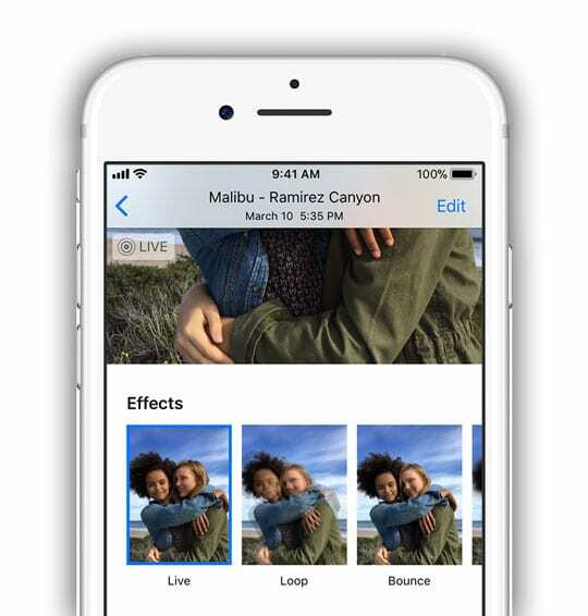 opciones de efectos de movimiento para Live Photos en iPhone en la aplicación Photos