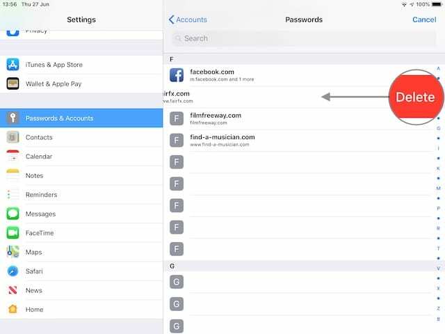 Slett-knapp for lagrede brukernavn og passord på iPhone eller iPad