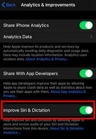 iOS 13.2 Recurso para desativar o compartilhamento de dados de Siri e Dictation