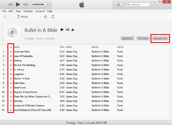 iTunes นำเข้าซีดี