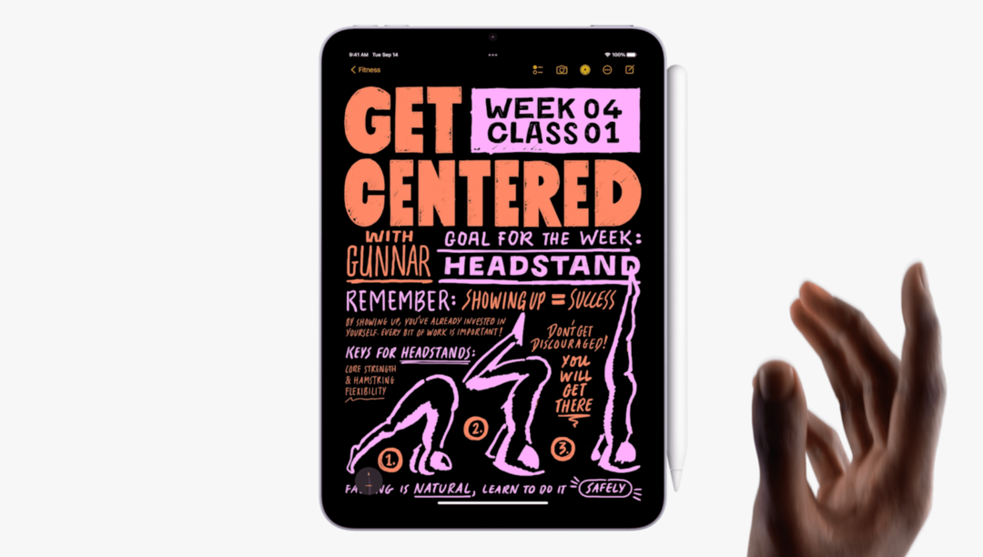 L'iPad mini avec des illustrations dessinées à la main d'images de yoga motivantes. 