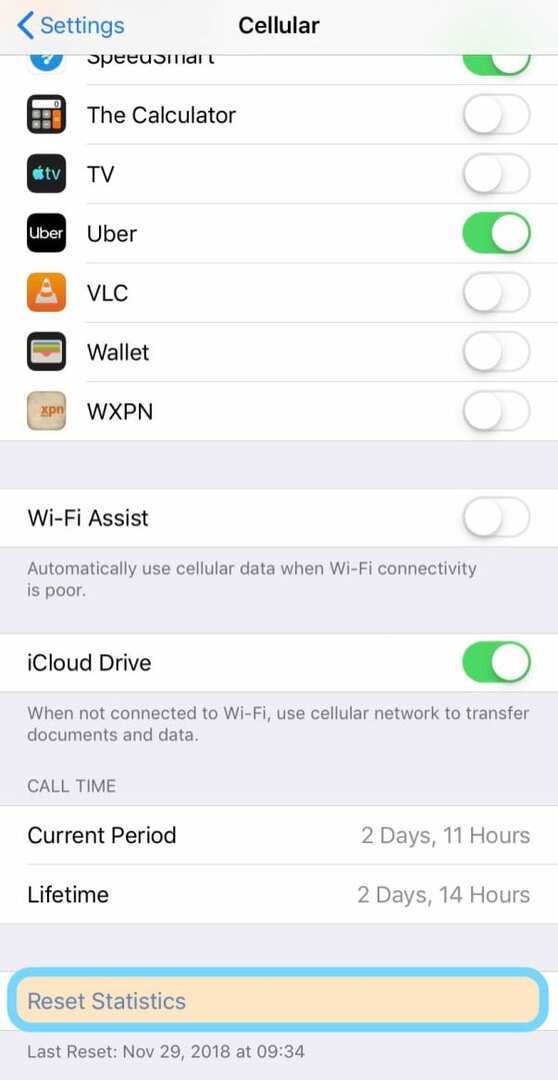 сбросить статистику для сотовых данных или мобильных данных на iPhone