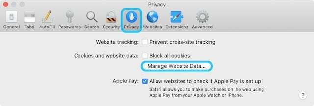 Yksityisyys-välilehti Safari-asetuksissa, jossa on Manage Website Data -vaihtoehto.