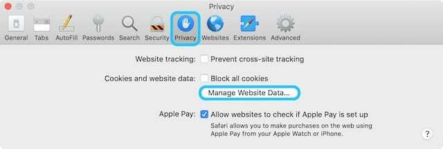 Onglet Confidentialité dans les préférences Safari avec l'option Gérer les données du site Web.