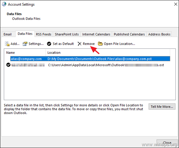 Noņemiet Outlook datu failu