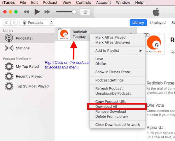 आईट्यून्स में सभी पॉडकास्ट एपिसोड कैसे डाउनलोड करें
