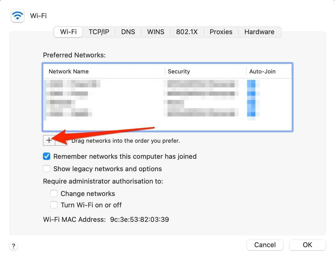 Skärmdump som visar hur man lägger till ett Wi-Fi-nätverk på Mac