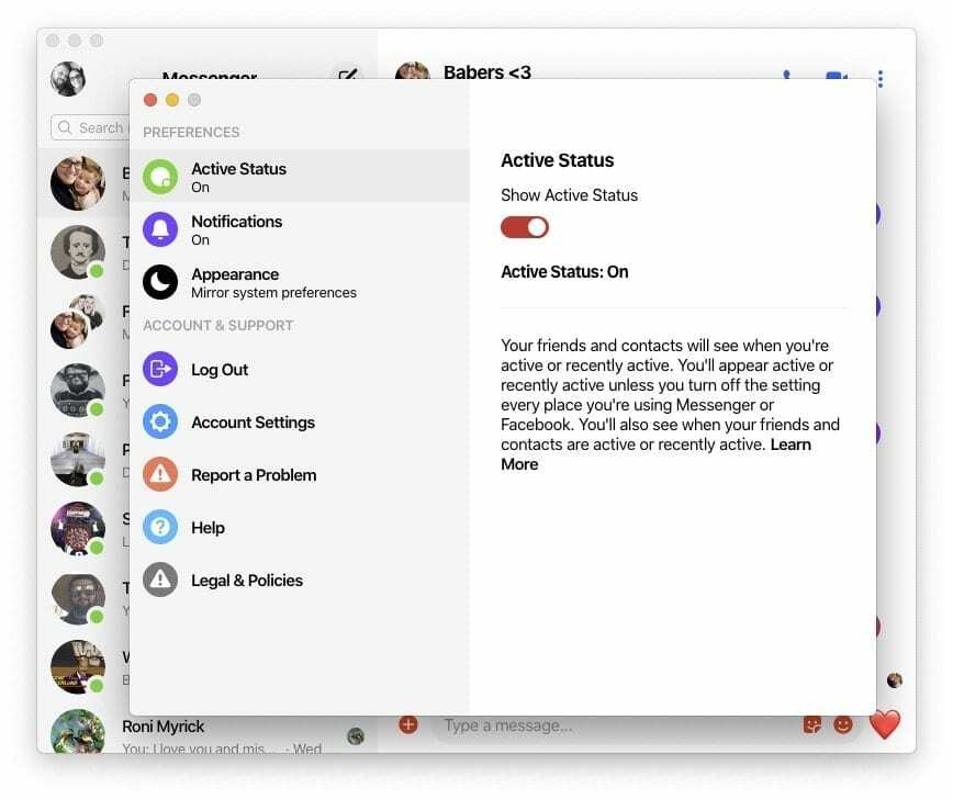 Angi aktiv status Facebook Messenger på MacBook