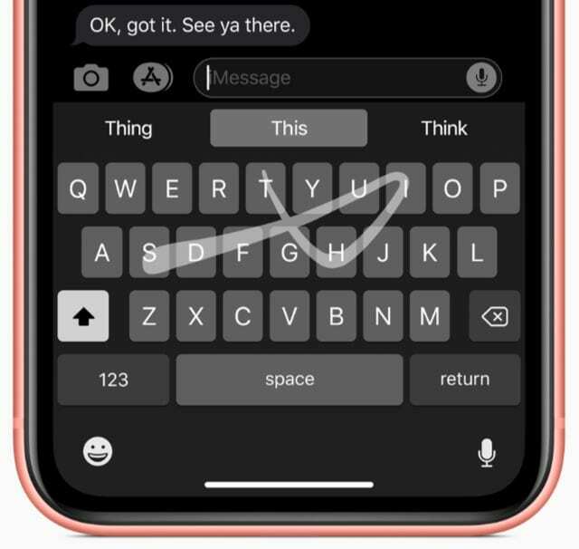 Keyboard QuickPath iOS 13 pada iPhone dalam mode gelap